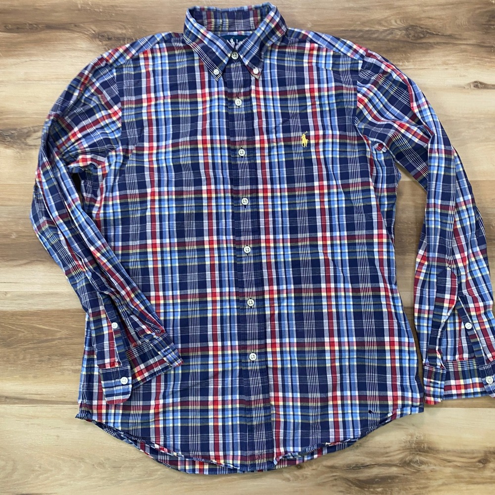 Vintage Ralph Lauren Madras Shirt Size M Plaid Cotton Custom Fit Blue Red Multi